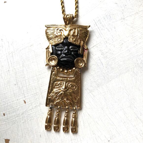 Vintage Rare Salvador Teran Marbel Mexico Signed Aztec Warrior Pendant Necklace - Picture 2 of 7